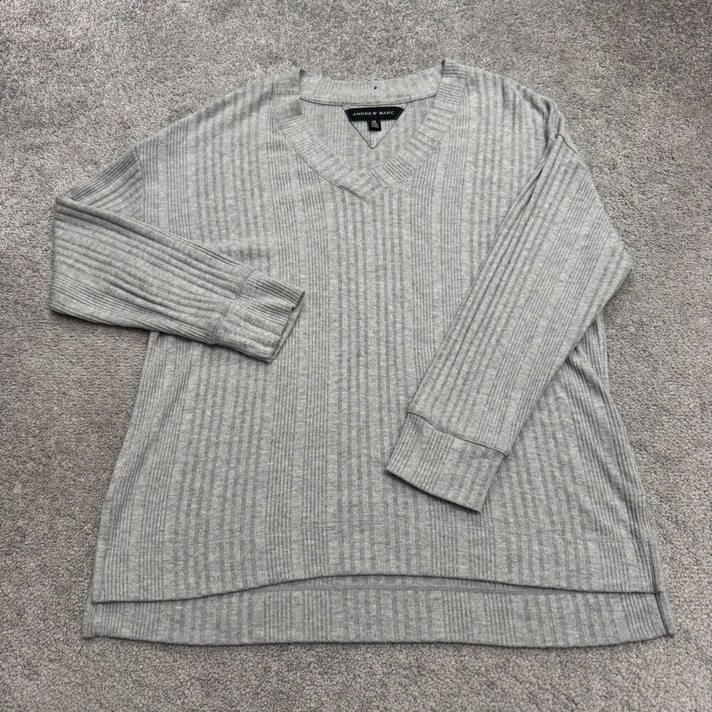 Andrew Marc Rib Knit Pullover V-Neck Sweater Womens Large Gray Stretch Casual